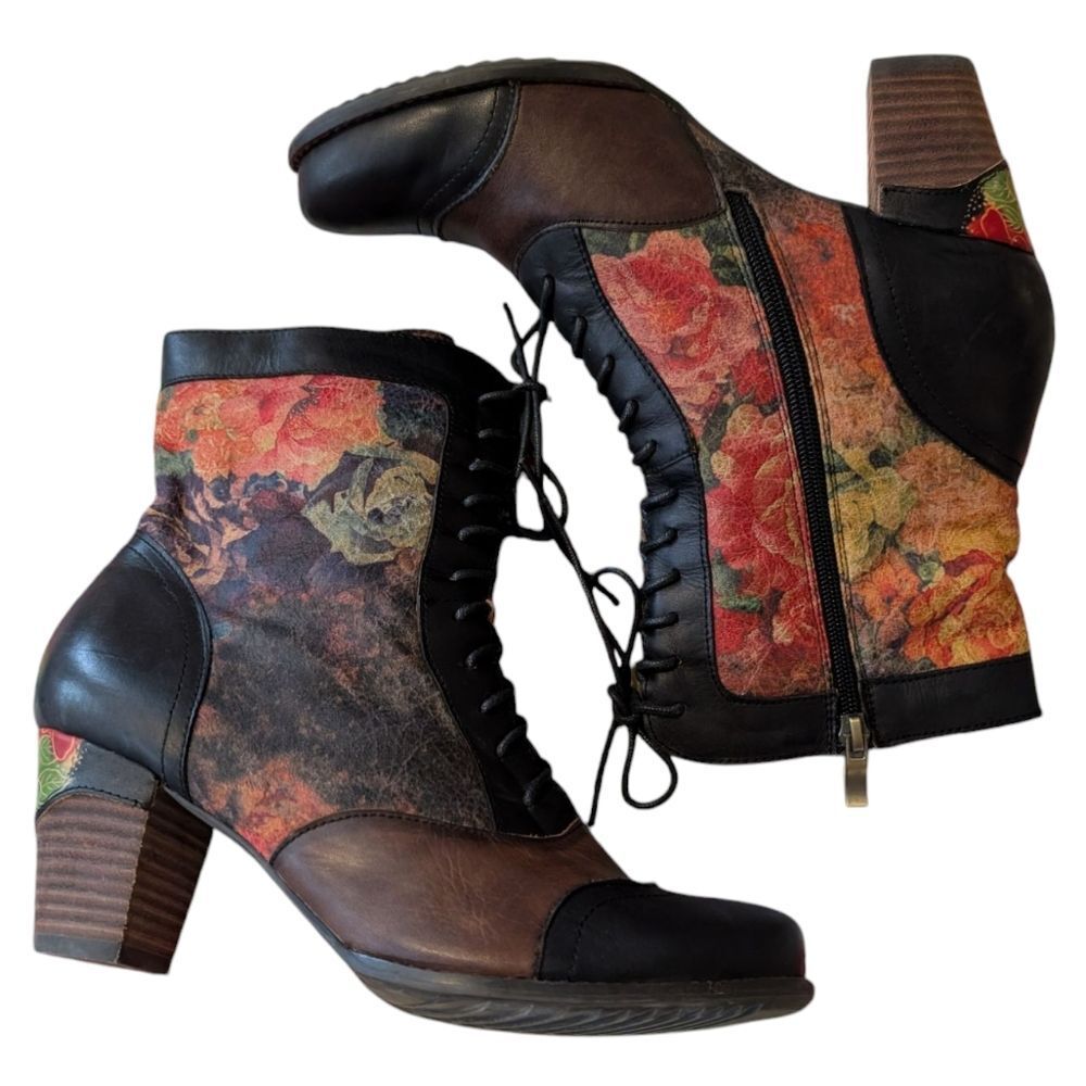 Spring Step Floral Multicolor Lace-Up Ankle Boots
